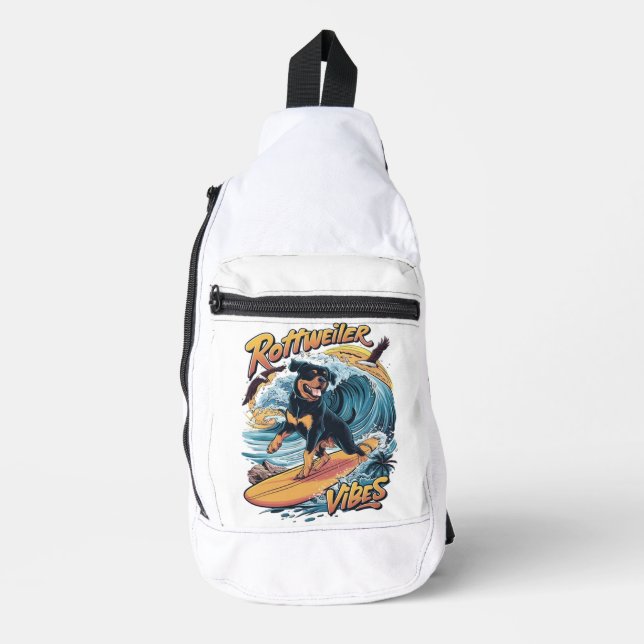 Paws and Waves Rottweiler Surfing Adventure Sling Bag (Front)