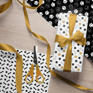 Paws Bones Balls Black White Dog Patterns Wrapping Paper Sheets