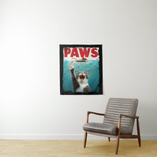 PAWS Cat Kitty Parody Of The Jaws Movie Poster Tapestry