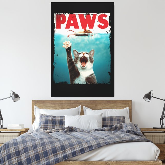 PAWS Cat Mouse Parody Of The Jaws Movie Poster Canvas Print (Insitu(Bedroom))