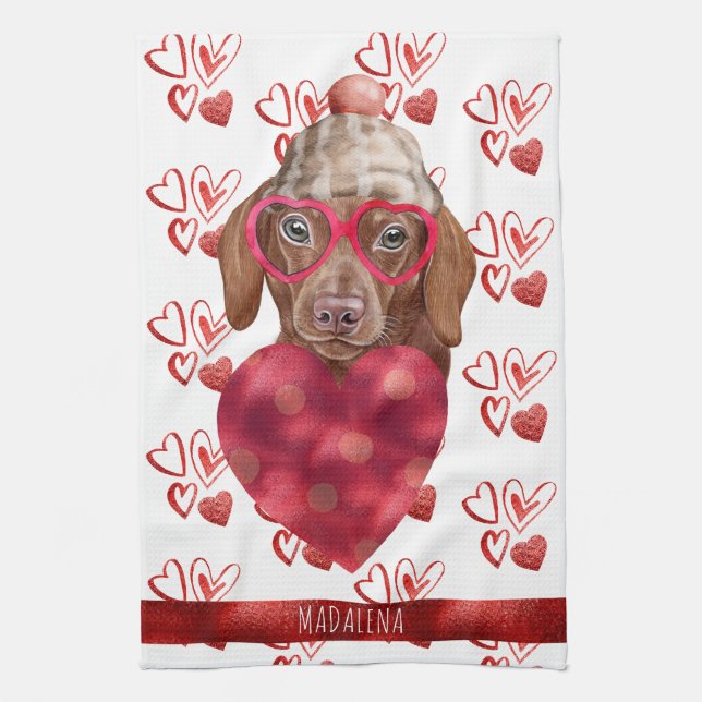 Paws Dog Lover Valentine Gift Brown Dachshund Kitchen Towel (Vertical)