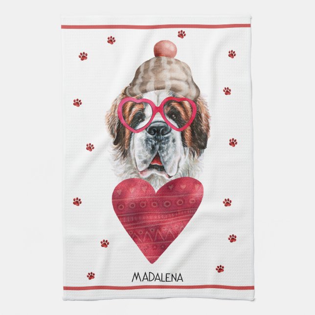 Paws Dog Lover Valentine Gift Saint Bernard Kitchen Towel (Vertical)