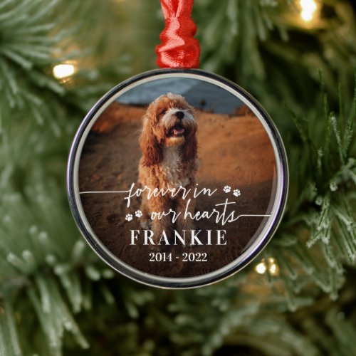 Paws Forever In Our Hearts Pet Photo Memorial Metal Ornament