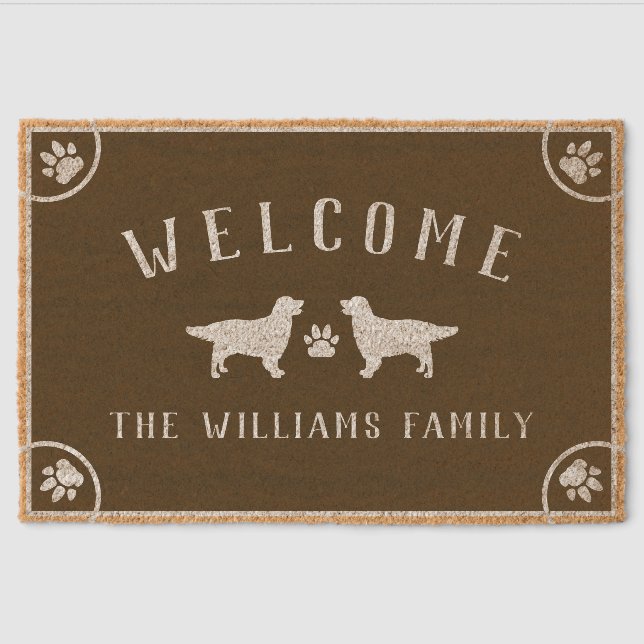 Paws Golden Retrievers Welcome Family Name Fiber Doormat (Front)