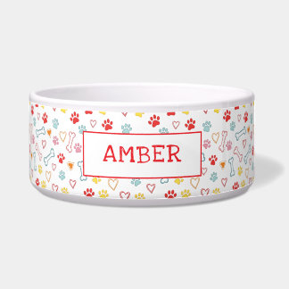 Paws & Hearts Pattern Custom Name Pet Bowl