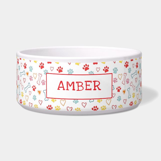 Paws & Hearts Pattern Custom Name Pet  Bowl (Front)