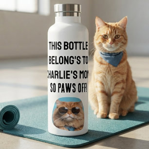 Paws Off Cat Mom Funny Saying Typography Photo Water Bottle