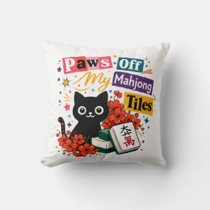 Paws off My Mahjong Tiles Black Cat Throw Pillow