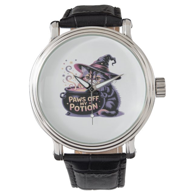 Paws Off My Potion, Kawaii Halloween Witch Cat Cla Watch (Front)
