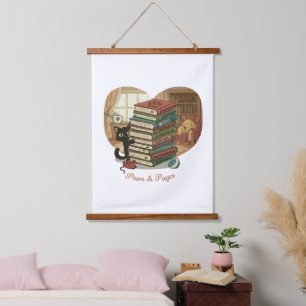 Paws & Pages Cute Cat & Dog in Cozy Library Book Hanging Tapestry