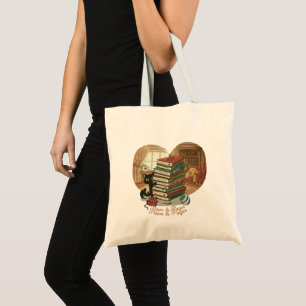 Paws & Pages Cute Cat & Dog in Cozy Library Book Tote Bag