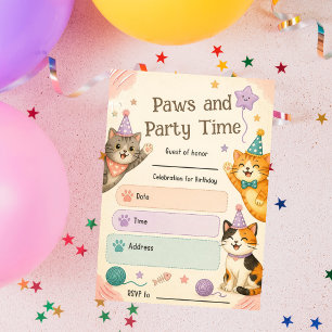 Paws & Party Time – Cute Cat Birthday Invitation