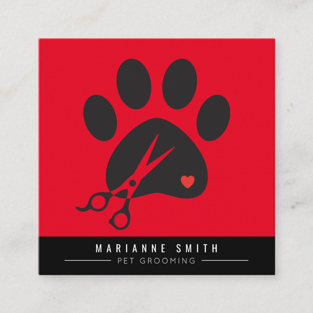 Paws Pet Grooming Salon red Square Business Card Zazzle