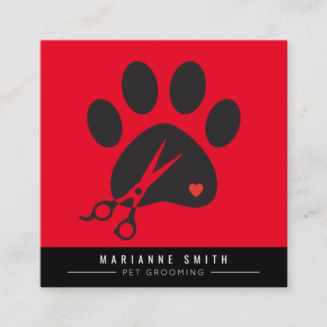 Paws Pet Grooming Salon red Square Business Card (Front)