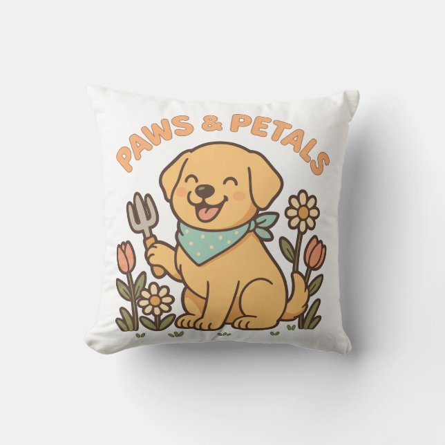 Paws & Petals – Cute Gardening Dog Shirt for Sprin Throw Pillow (Front)