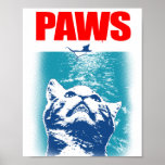 PAWS POSTER<br><div class="desc">Paws features the perfect sea monster on textured water background with it's unsuspecting prey above. This design has bold red text and is based on a 1980's themed. #paws #cats #retro #predator #feline #mouse #colorful #popculture #1980's #humor #animal #cute</div>