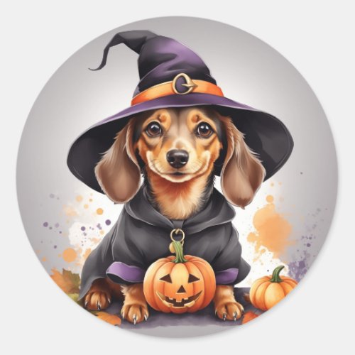 Paws  Potions Dachshund Witch on a Pumpkin Classic Round Sticker