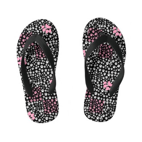 Paws print pattern NS 01b Black BG Kids Flip Flops