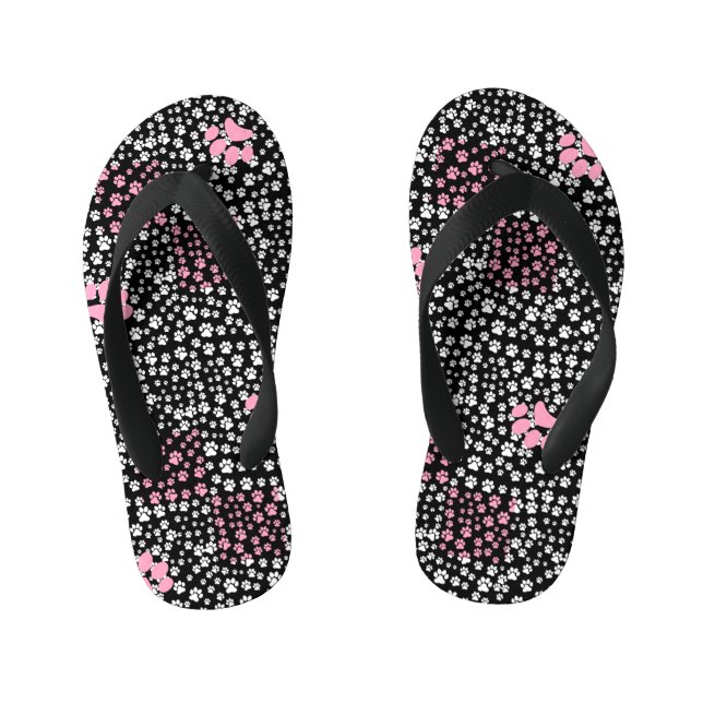 Paws print pattern NS 01b. Black BG Kid's Flip Flops (Footbed)