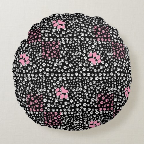 Paws print pattern NS 01b Black BG Round Pillow