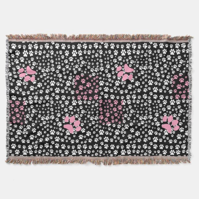 Paws print pattern NS 01b. Black BG Throw Blanket (Front)