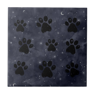 Paws Star and Crescent Moons Blue Watercolor Ceramic Tile