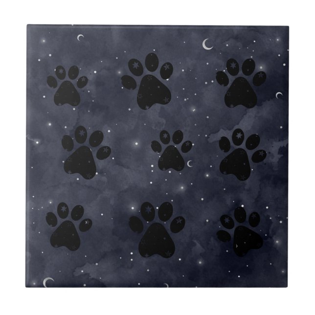 Paws Star and Crescent Moons Blue Watercolor Ceramic Tile (Front)