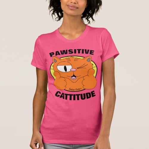 PAWSITIVE CATTITUDE Winking Cartoon Cat T_Shirt