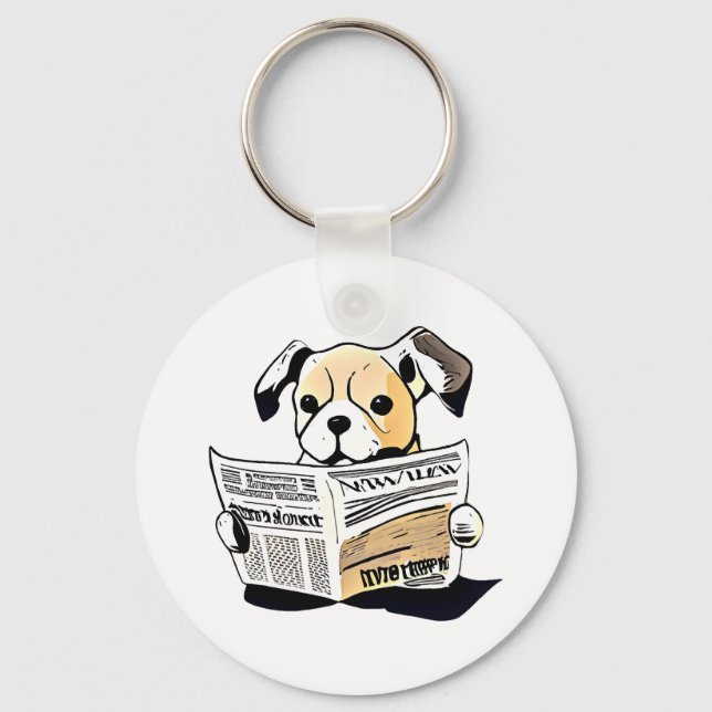 Pawsitive News Dog Reading Newspaper T-Shirt Keychain (Front)