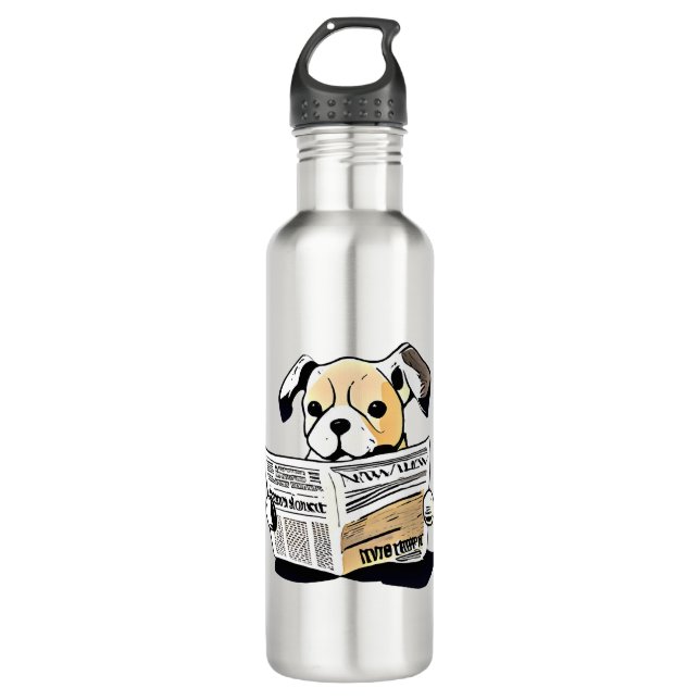 Pawsitive News Dog Reading Newspaper T-Shirt Stainless Steel Water Bottle (Front)