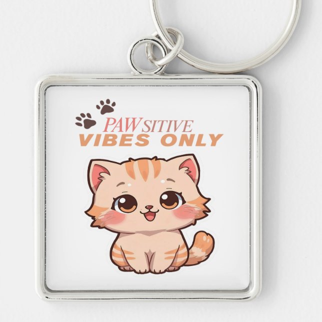 Pawsitive Vibes Only – Cute Kawaii Cat Design Keychain (Front)