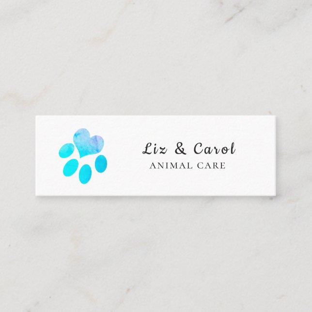 Pawsitively Blue  Watercolor Heart Pets  Paw Print Mini Business Card (Front)
