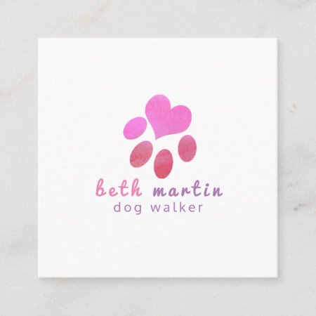 Pawsitively Cute Pink Watercolor Animal Pets Paw Square Business Card