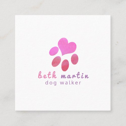 Pawsitively Cute Pink Watercolor Animal PETS Paw Square Business Card
