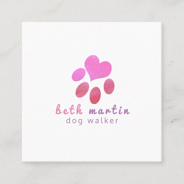 Pawsitively Cute Pink Watercolor Animal PETS Paw Square Business Card (Front)