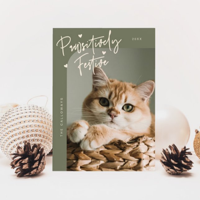 Pawsitively Festive Cat Photo Sage Green Christmas Holiday Card (Creator Uploaded)