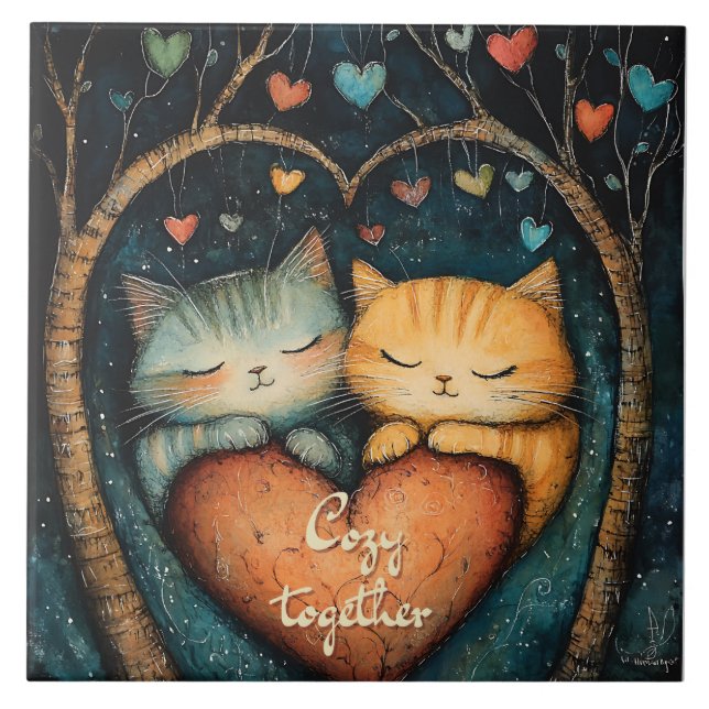 Pawsitively in Love Cozy Together Illustration  Ceramic Tile (Front)