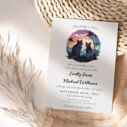 Pawsitively in Love Sunset Romantic Cats Wedding Invitation