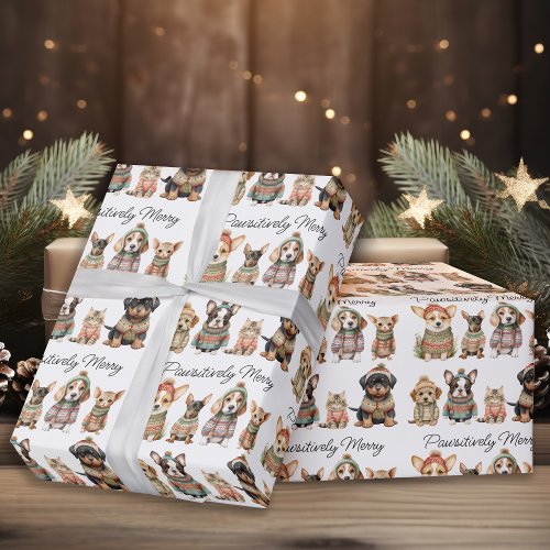 Pawsitively Merry Christmas Cute Dog Cat Pets Wrapping Paper