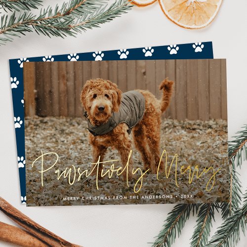 Pawsitively Merry Navy Pet Photo Foil Holiday Card