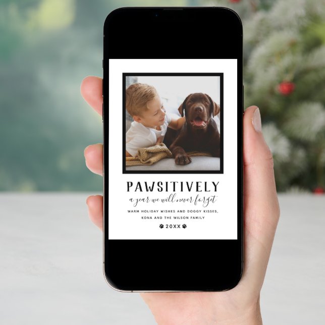 Pawsitively Pet Photo Paw Prints Black and White Holiday Card (Front Digital)