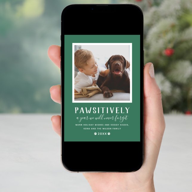 Pawsitively Pet Photo Paw Prints Green Holiday Card (Front Digital)