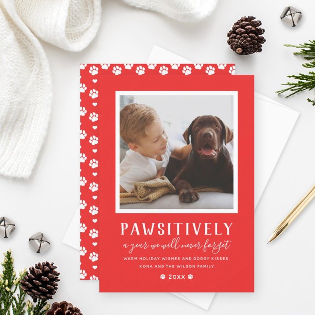 Pawsitively Pet Photo Paw Prints Red Holiday Card (Creator Uploaded)