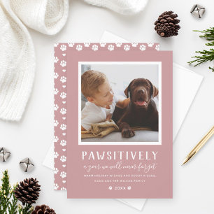 Pawsitively Pet Photo Paw Prints Rose Pink Holiday Card