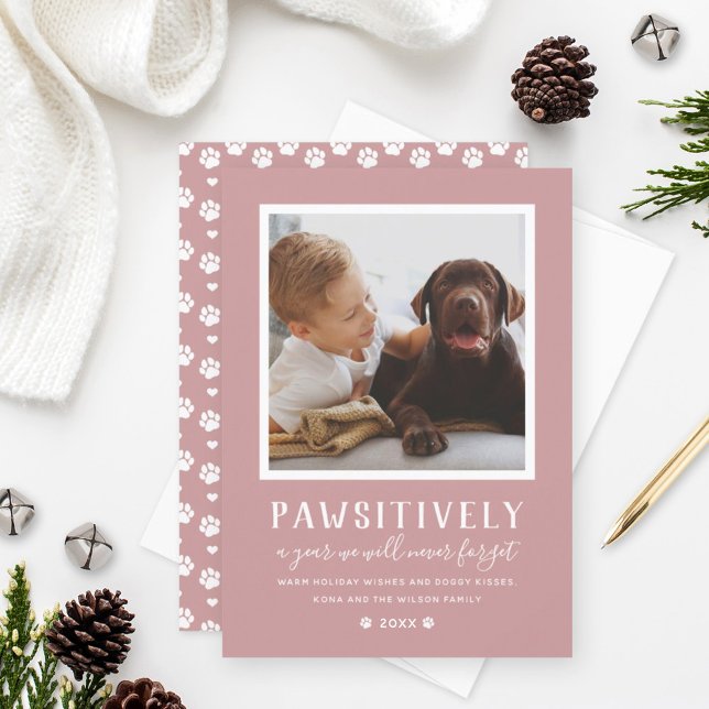 Pawsitively Pet Photo Paw Prints Rose Pink Holiday Card (Creator Uploaded)