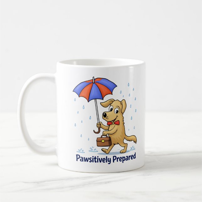 Pawsitively Prepared – Cute Dog with Umbrella Coffee Mug (Left)