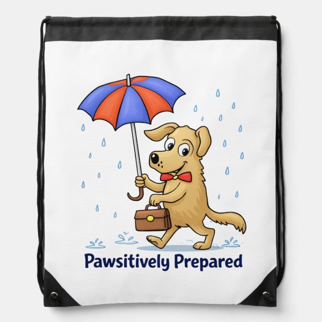 Pawsitively Prepared – Cute Dog with Umbrella Drawstring Bag (Front)