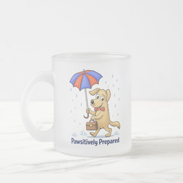 Pawsitively Prepared – Cute Dog with Umbrella Frosted Glass Coffee Mug (Left)