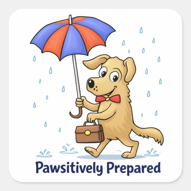 Pawsitively Prepared – Cute Dog with Umbrella Square Sticker (Front)