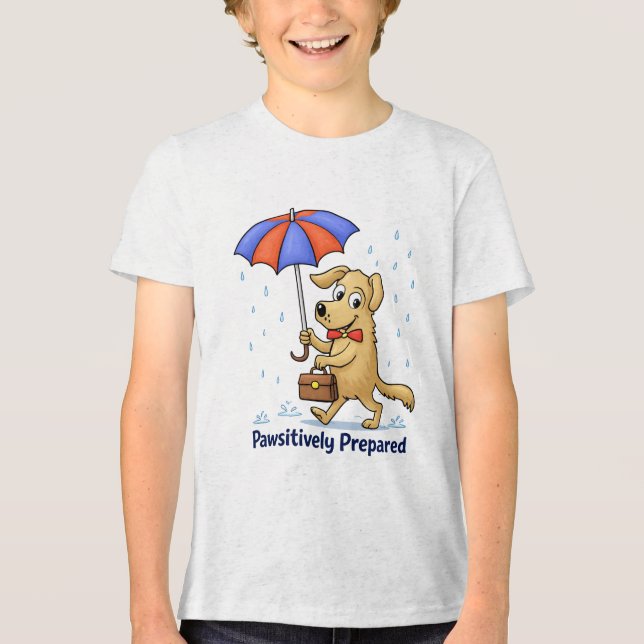 Pawsitively Prepared – Cute Dog with Umbrella Tri-Blend Shirt (Front)